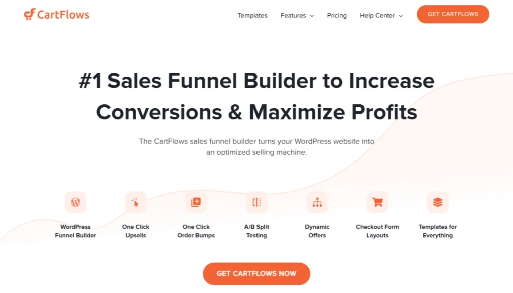 Screenshot of CartFlows homepage showcasing its sales funnel builder for WordPress.