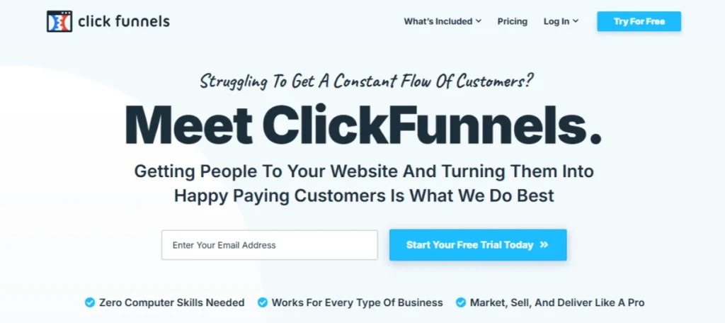 ClickFunnels homepage screenshot highlighting its drag-and-drop funnel-building tools.