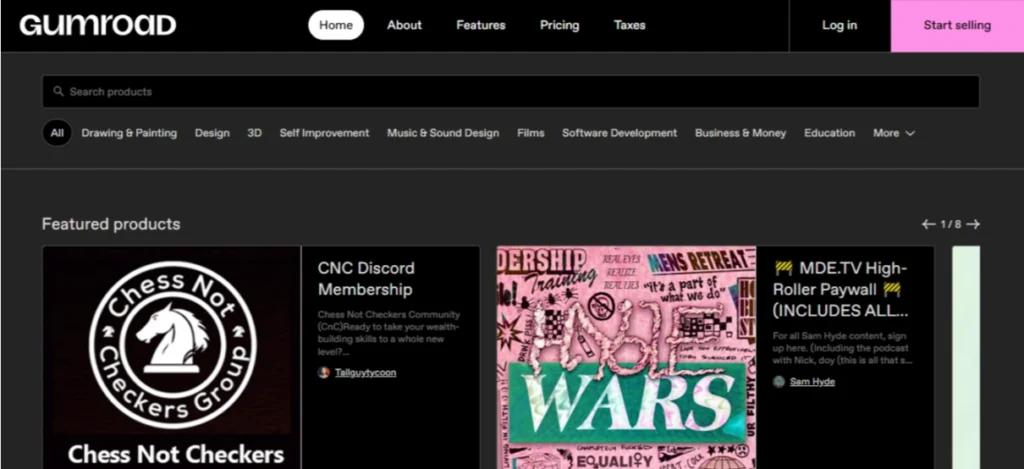 Screenshot of Gumroad homepage showing its platform for selling digital and physical products.