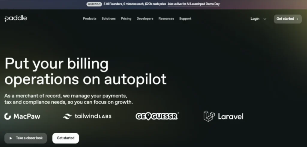 Paddle homepage screenshot showcasing its SaaS payment infrastructure and subscription management tools