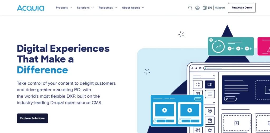 Screenshot of the Acquia homepage showcasing its platform features and services for digital experience management.