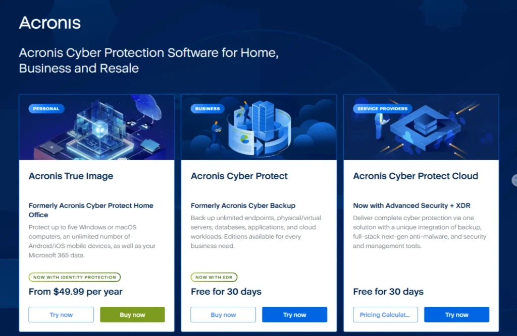 Screenshot of the Acronis homepage showcasing its cloud backup and cybersecurity features.