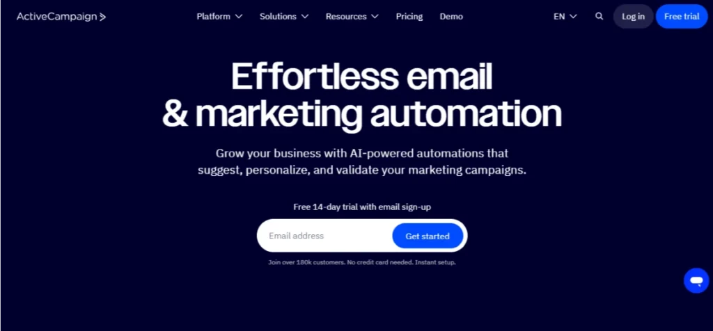 Screenshot of ActiveCampaign homepage.