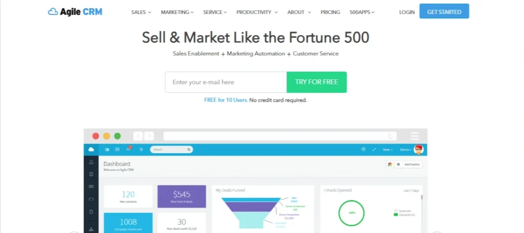 Screenshot of Agile CRM's homepage highlighting its features, with a bold headline, call-to-action button, and a clean, modern design.