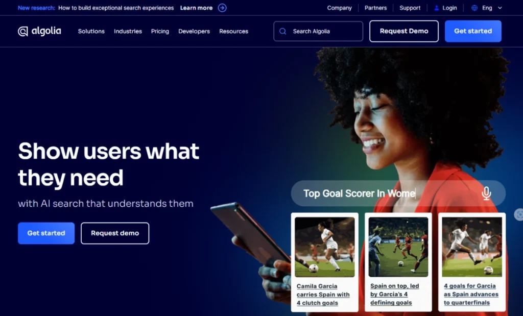 Screenshot of the Algolia homepage.