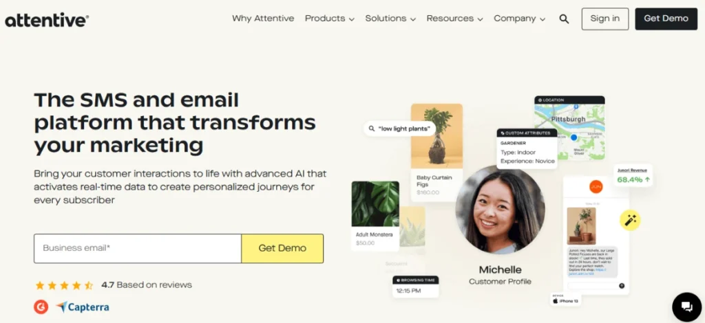 Screenshot of the Attentive homepage showcasing its user interface.