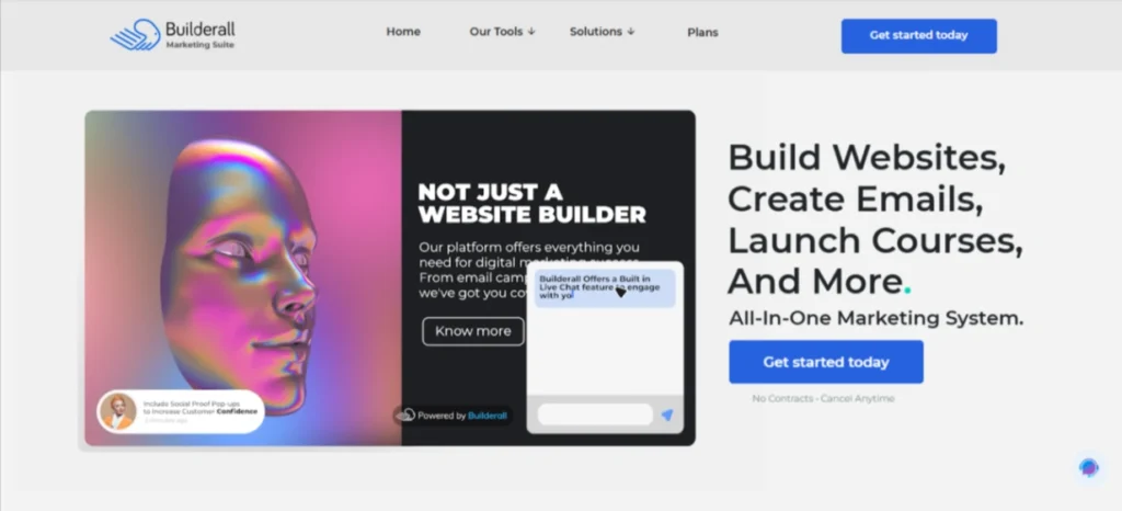 Screenshot of the Builderall homepage showcasing its website building tools and features