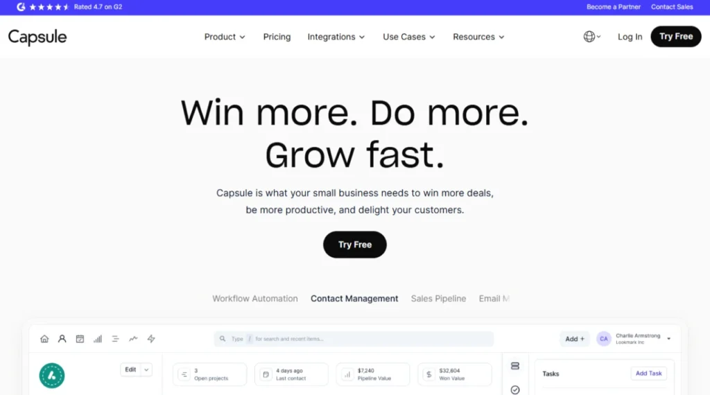 Screenshot of Capsule CRM's homepage featuring a sleek design, highlighting its CRM tools, key features, and a prominent call-to-action button.