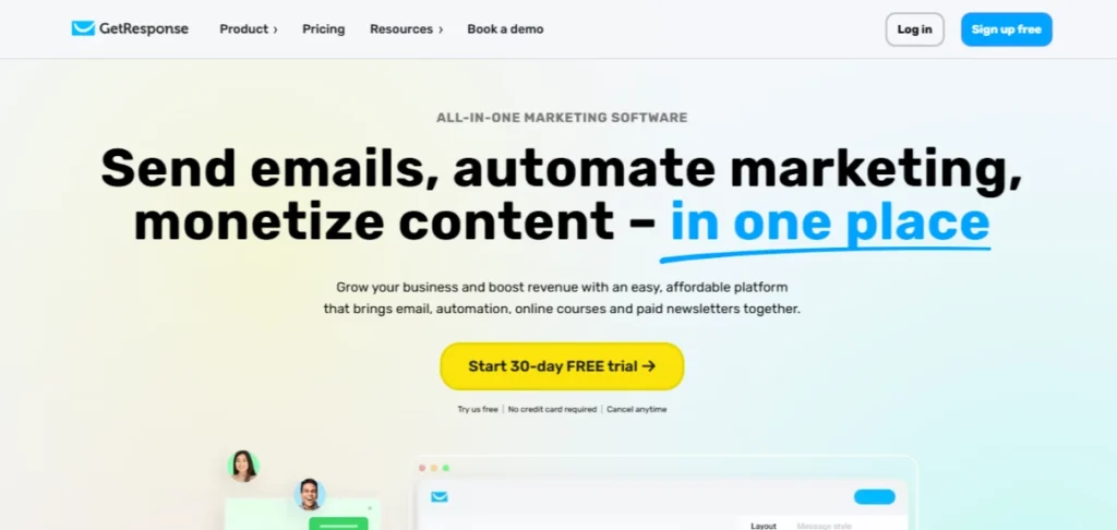 Screenshot of the GetResponse homepage, showcasing its interface and features for email marketing and automation tools.