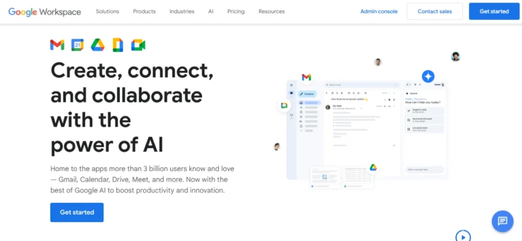 Screenshot of the Google Workspace homepage, showcasing its suite of productivity and collaboration tools for businesses.