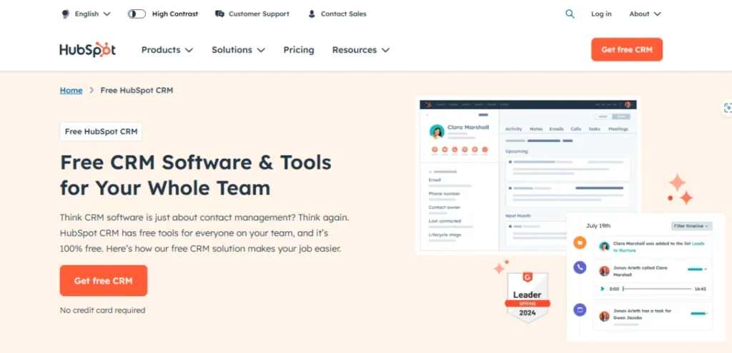 Screenshot of HubSpot's homepage showcasing its CRM platform with a bold headline, call-to-action button, and a clean, professional layout