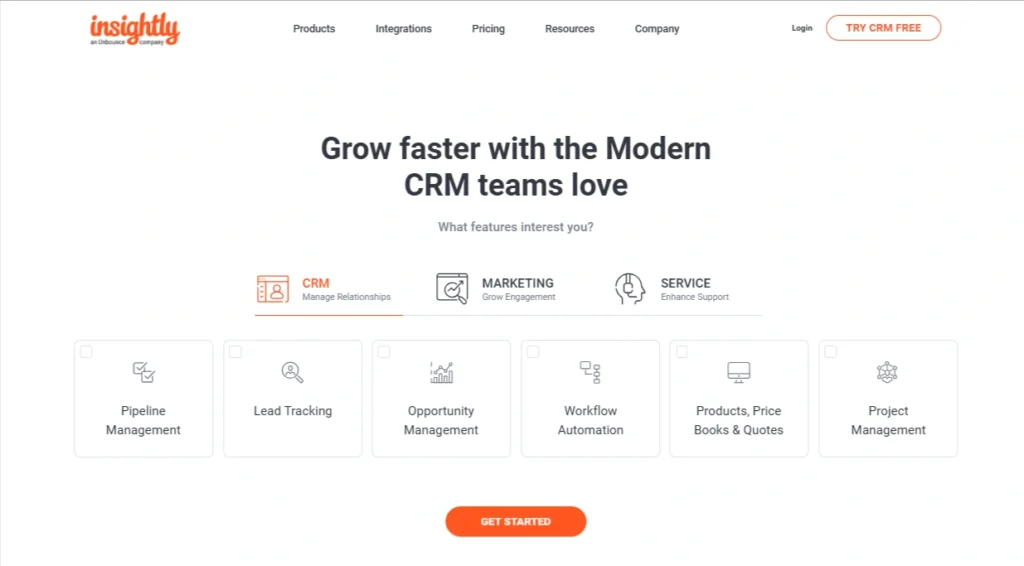 Screenshot of Insightly's homepage highlighting its CRM platform with a clean design, bold headline, call-to-action button, and key features for sales and project management.