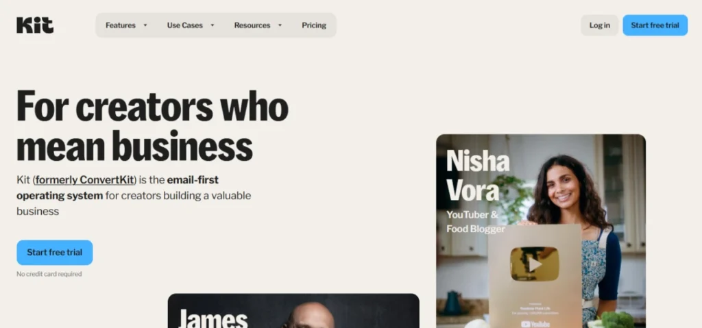 Screenshot of the homepage of Kit, formerly known as ConvertKit, showcasing its user-friendly interface.
