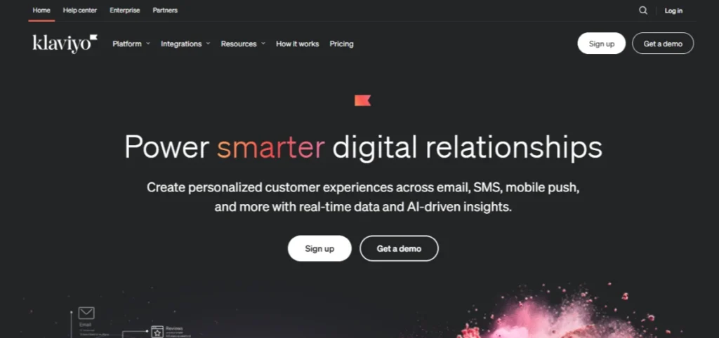 Screenshot of the Klaviyo homepage showcasing its user interface