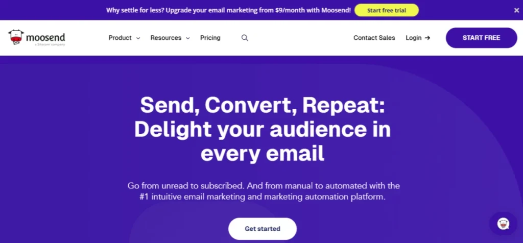 Screenshot of the Moosend homepage, showcasing its email marketing platform features and user-friendly interface.