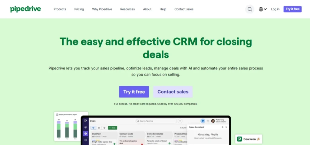 Screenshot of Pipedrive's homepage highlighting its CRM platform with a bold headline, call-to-action button, and a simple, user-friendly design.