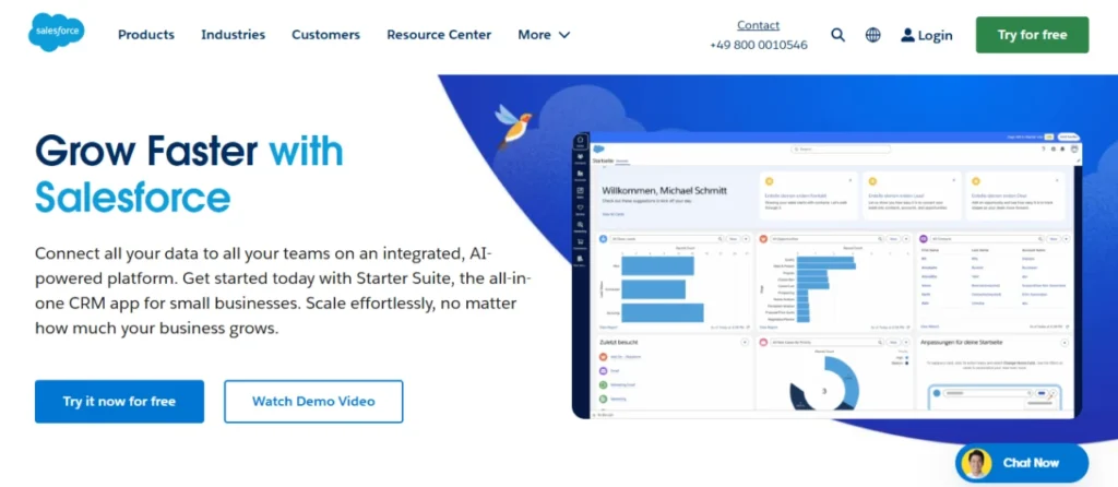 Screenshot of Salesforce's homepage featuring its CRM platform with a modern design.