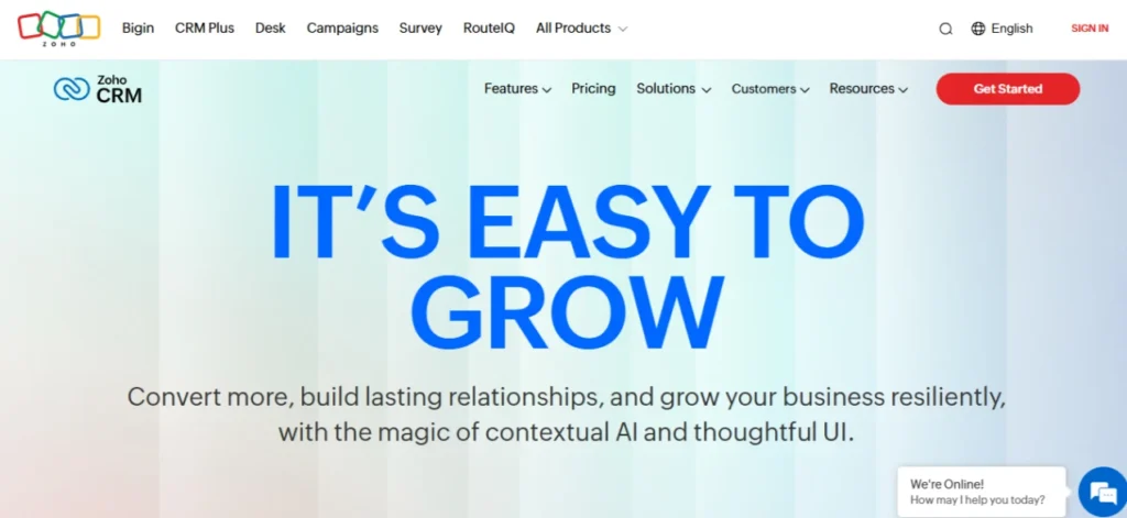 Screenshot of Zoho CRM's homepage featuring a sleek design, a headline promoting their CRM solutions, a call-to-action button, and key product highlights.