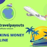 Illustration for "How to Start a Travel Affiliate Website" featuring the Travelpayouts affiliate network, with icons of an airplane, globe, cruise ship, and tropical scenery promoting making money online through travel affiliate marketing.